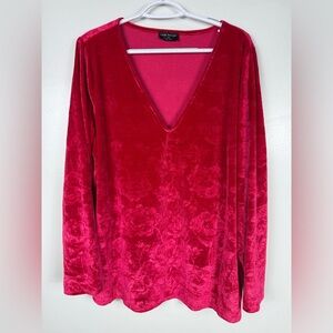 Lane Bryant Red Velvet Burnout Rose Blouse‎ Long Sleeve Size 22/24 Floral